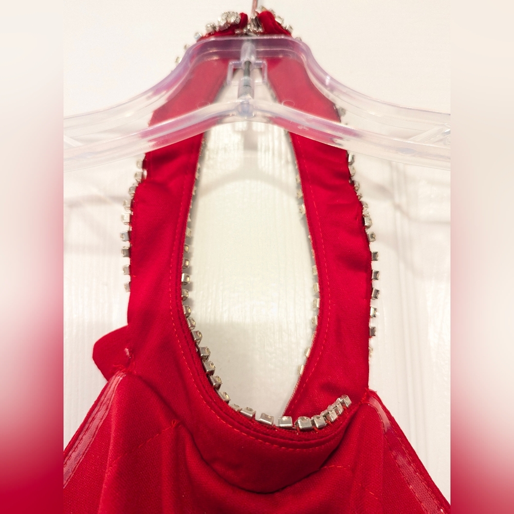 NWT Ieena For Mac Duggal Red Halter high slit long maxi dress rhinestone gown 8 - Picture 16 of 16
